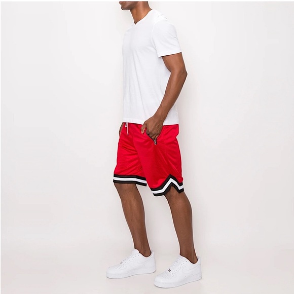 MENS RED STRIPE MESH BASKETBALL SHORTS - Picture 1 of 6